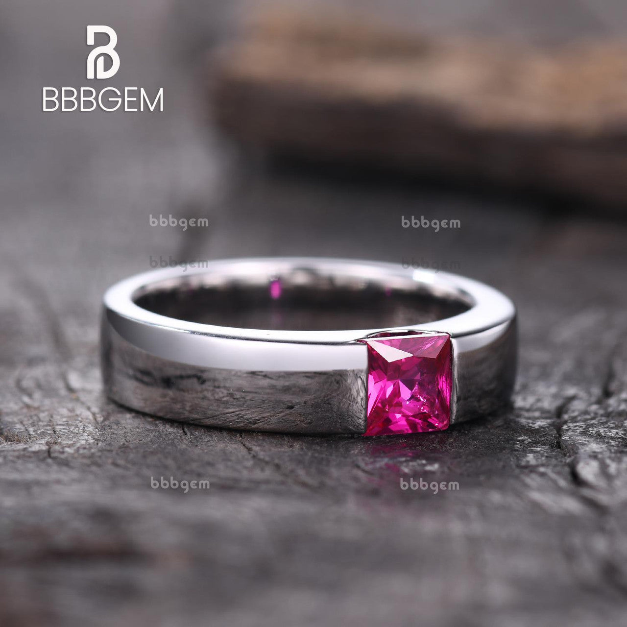 Flush Set Square Princess Cut Lab Ruby Men's Polished Wedding Band in White Gold