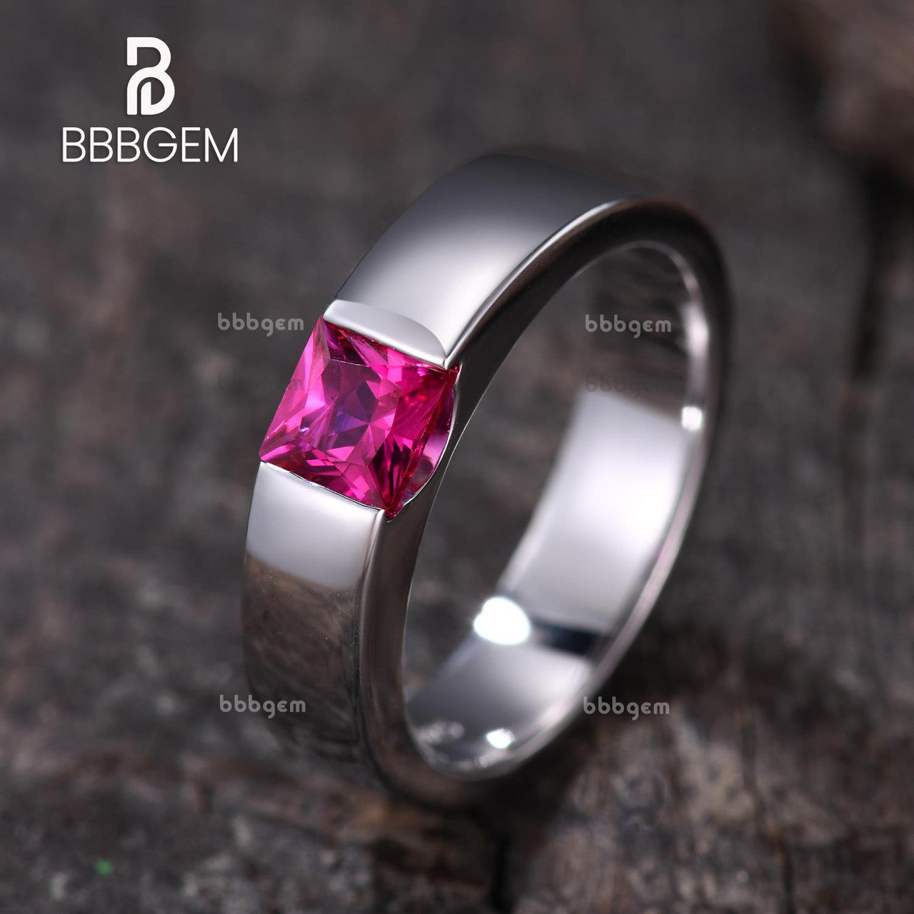 Flush Set Square Princess Cut Lab Ruby Men's Polished Wedding Band in White Gold