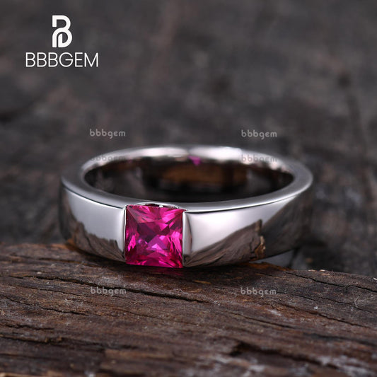 Flush Set Square Princess Cut Lab Ruby Men's Polished Wedding Band in White Gold