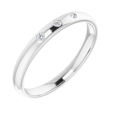 2.14k White Gold .06Ct Diamond 3 Stone Half Round Comfort Fit Band