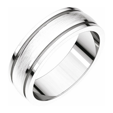 14K White Gold Flat Edge Satin Center Milgrain Comfort Fit Band