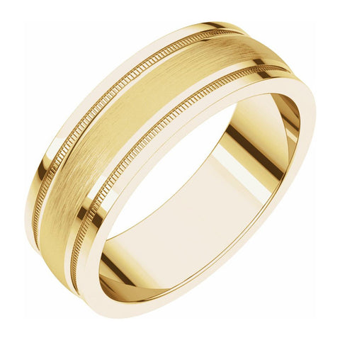 14K Yellow Gold Flat Edge Satin Center Milgrain Comfort Fit Band