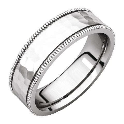 14K White Gold Milgrain Hammered Flat Comfort Fit Band