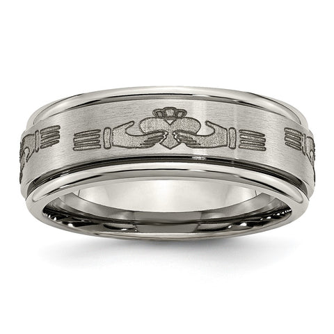 Titanium Laser Etched Claddagh Grooved Edge Standard Fit Band