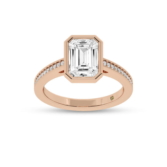 Lyra Pavé Set Half Coverage Bezel Emerald Cut Lab Grown Diamond Engagement Ring