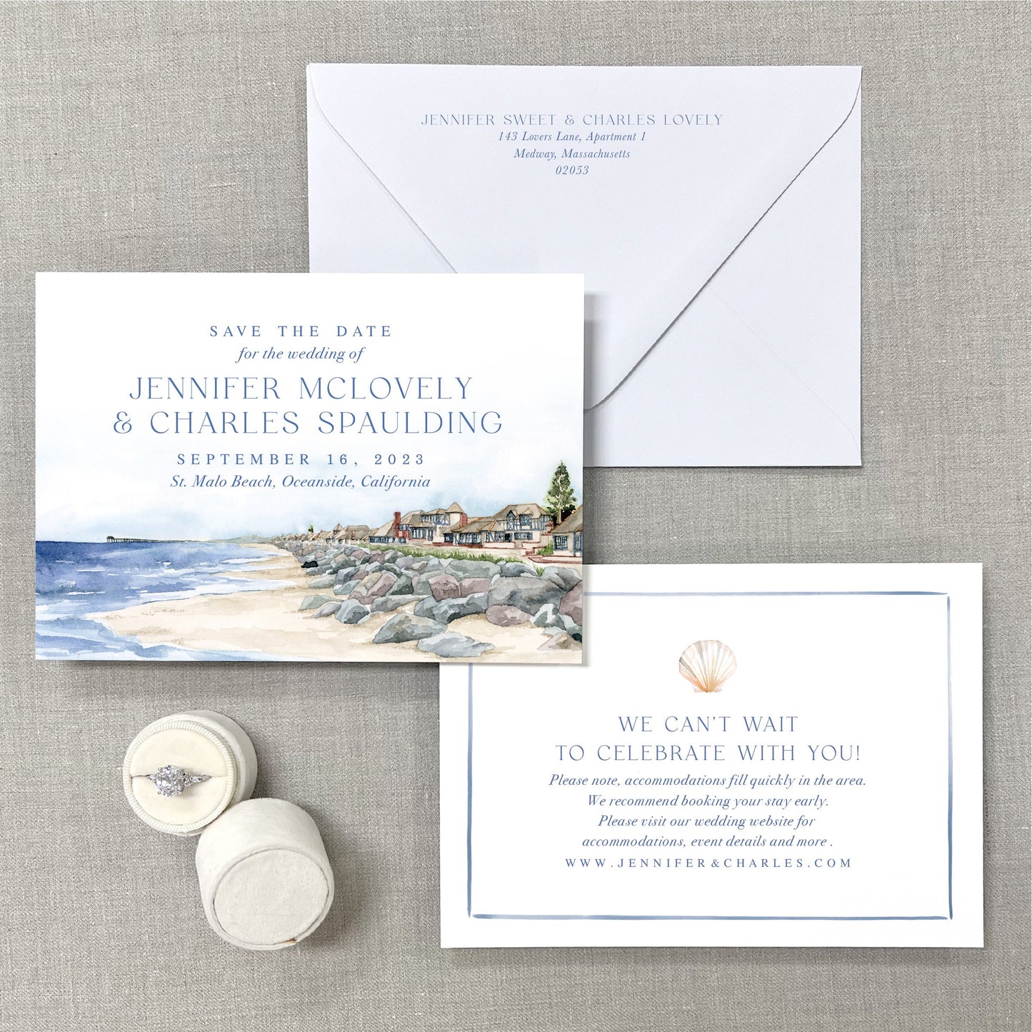 St. Malo Beach, Oceanside, California Watercolor Wedding Venue Save The Dates