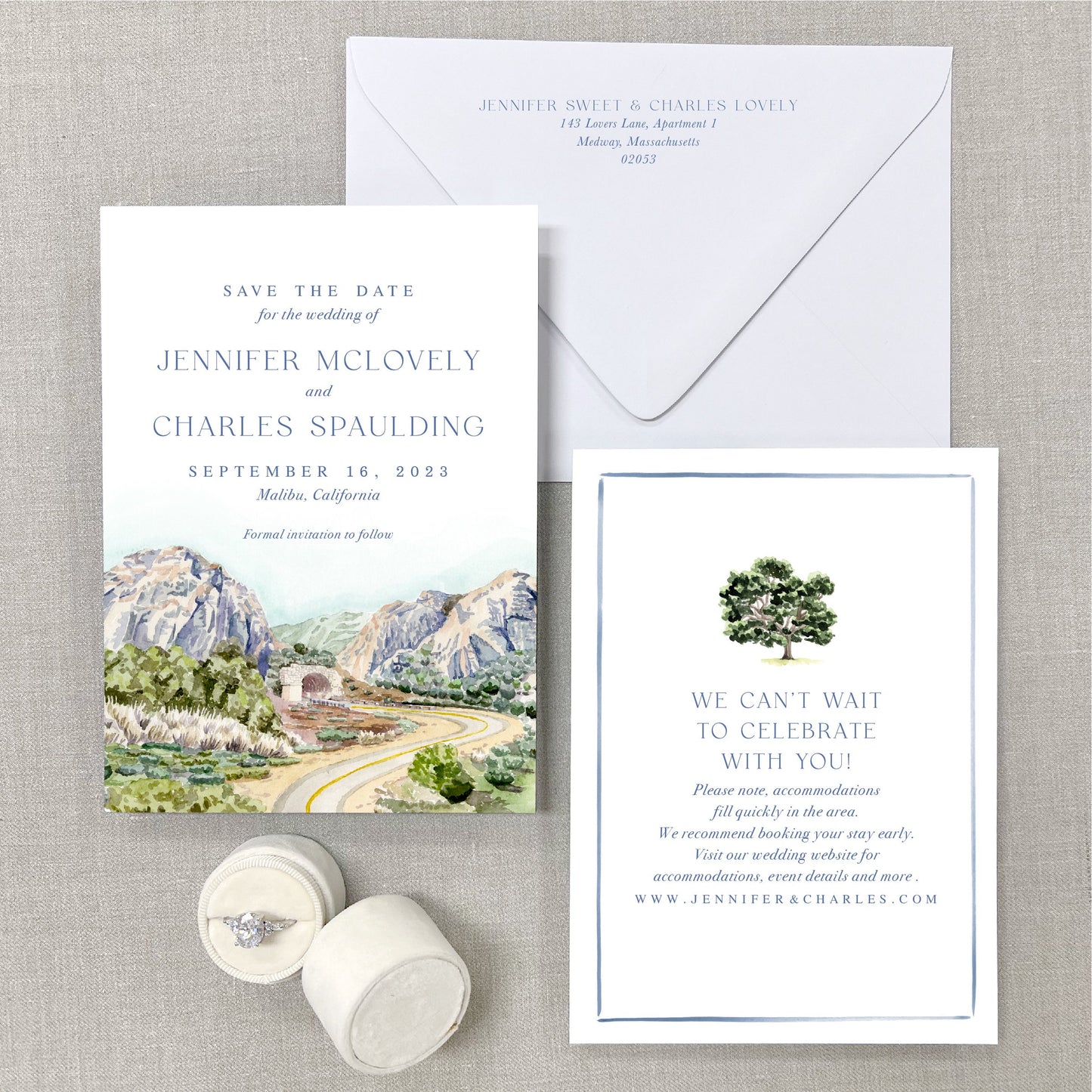 Malibu Mountain Tunnel Scene, California Watercolor Wedding Venue Save The Dates