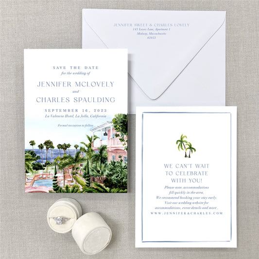 La Valencia Hotel, La Jolla, California Watercolor Wedding Venue Save The Dates