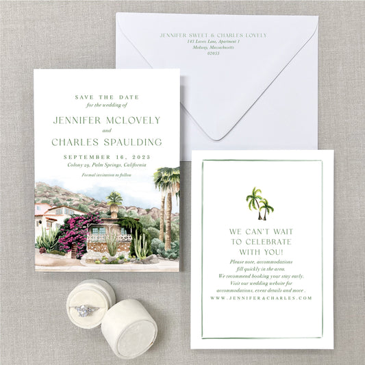 Colony 29, Palm Springs, California Watercolor Wedding Venue Save The Dates
