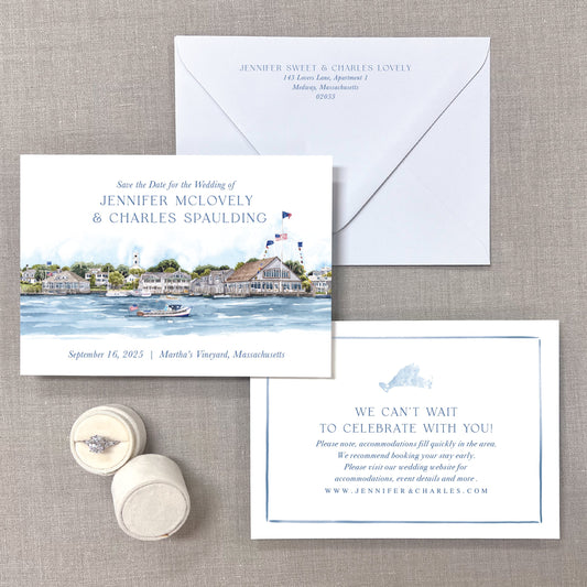 Marthas Vineyard Harbor, Edgartown Yacht Club, Massachusetts Watercolor Venue Save The Dates