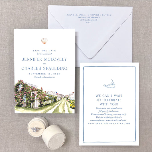 'Sconset Rose Covered Cottages, Siasconset, Nantucket, Massachusetts Watercolor Venue Save The Dates