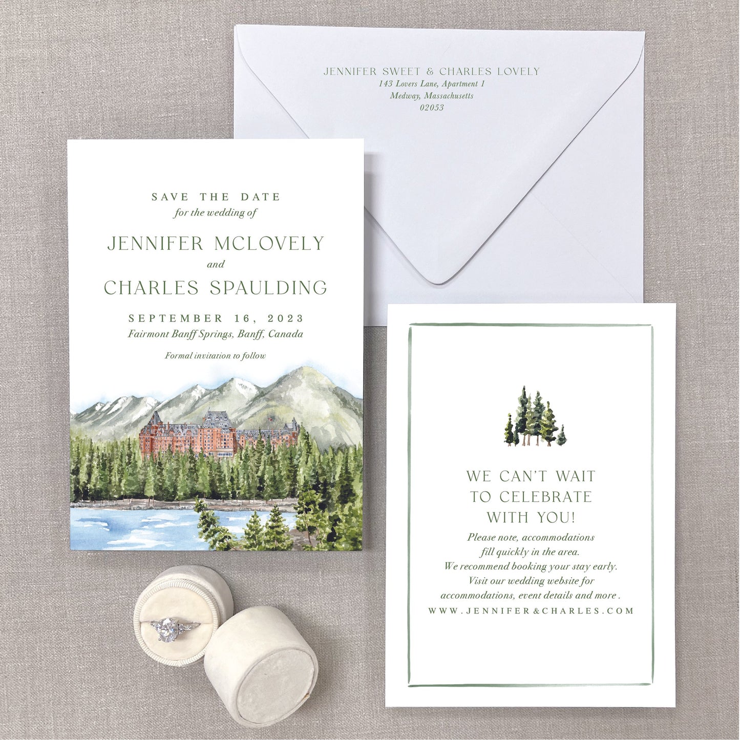 Fairmont Banff Springs, Banff, Canada, Watercolor Venue Save The Dates