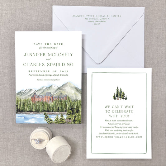 Fairmont Banff Springs, Banff, Canada, Watercolor Venue Save The Dates