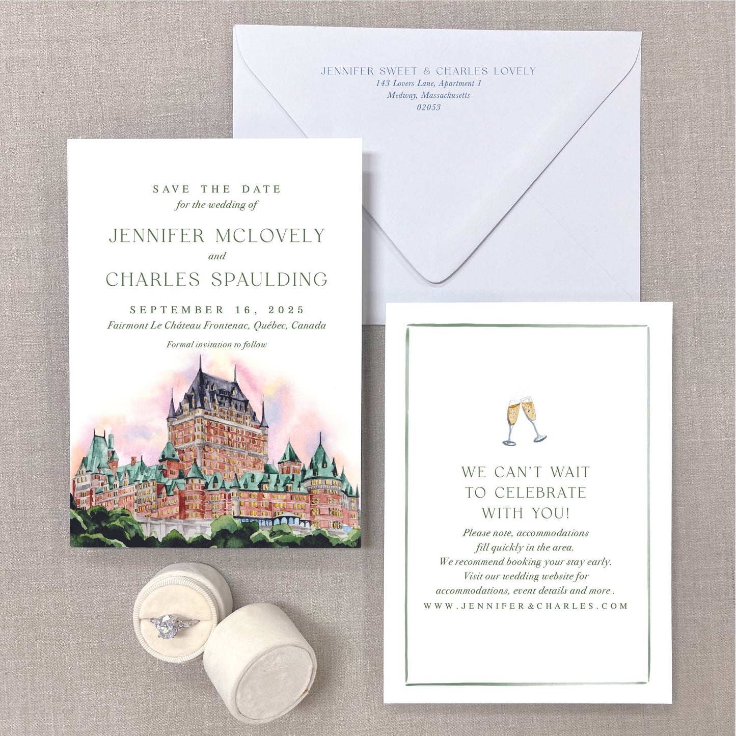 Fairmont Le Chã‚Teau Frontenac, Quã‰Bec, Canada, Watercolor Venue Save The Dates