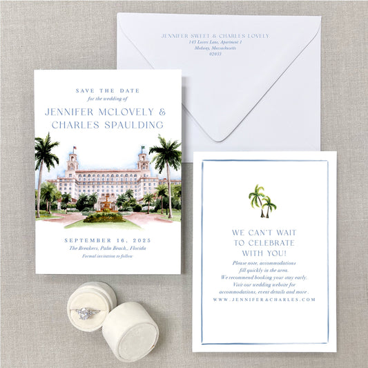 Breakers, Palm Beach, Florida Watercolor Wedding Save The Dates
