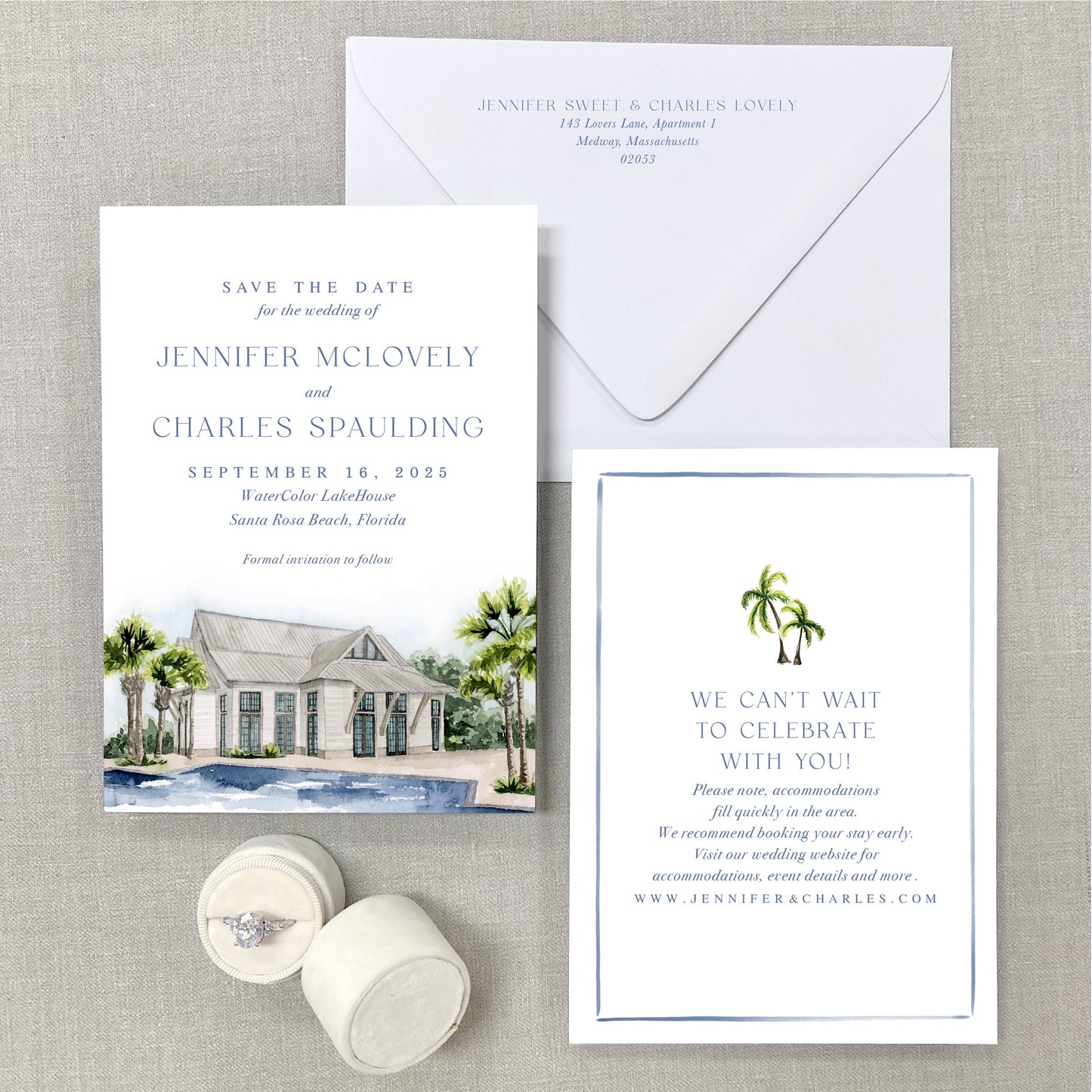 Watercolor Lakehouse, Santa Rosa Beach, Florida Watercolor Wedding Save The Dates