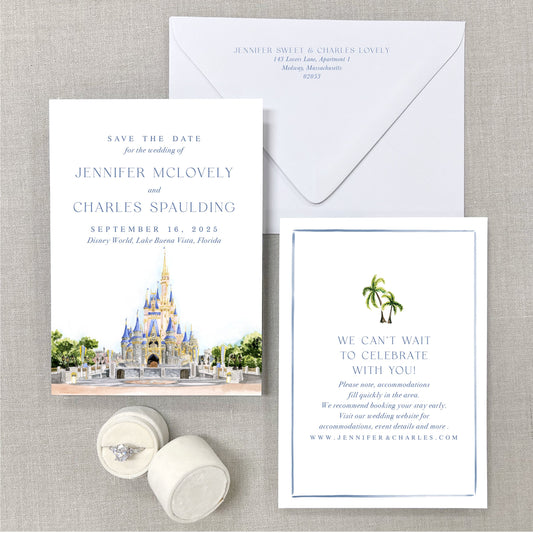 Disney Cinderella Castle, Florida Watercolor Wedding Save The Dates