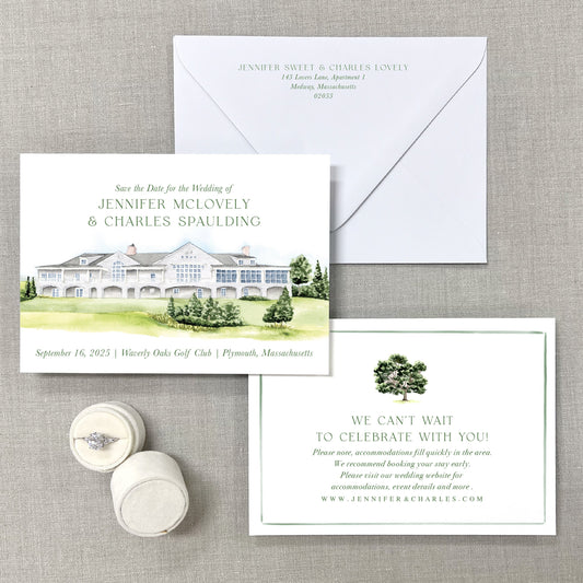 Waverly Oaks Golf Club, Plymouth, Massachusetts Watercolor Venue Save The Dates