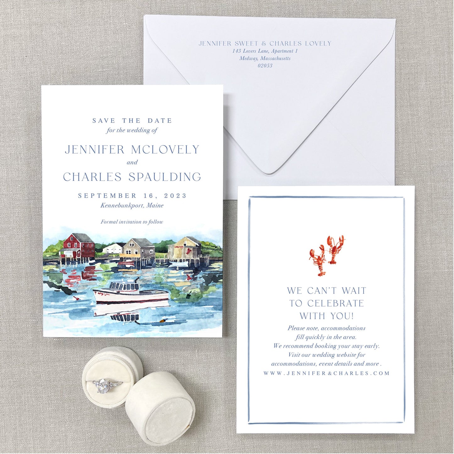 Kennebunkport Harbor Scene, Maine Watercolor Venue Save The Dates