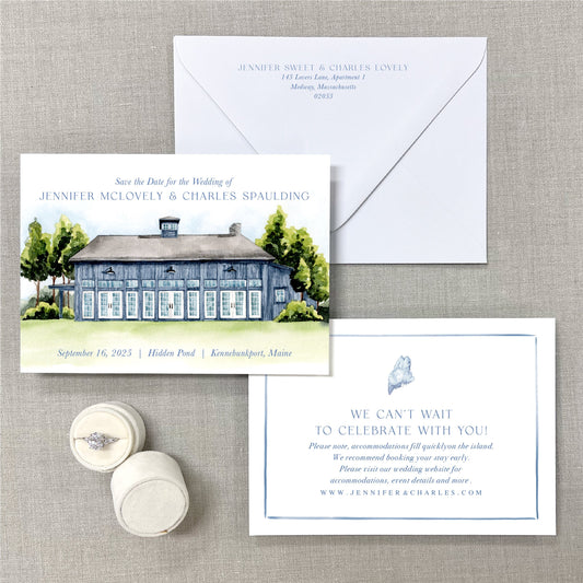 Hidden Pond, Kennebunkport Maine Watercolor Venue Save The Dates