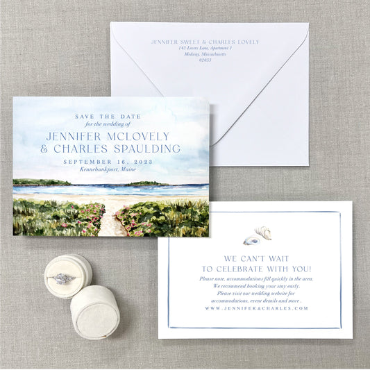 Kennebunkport Beach, Maine Watercolor Scene Save The Dates