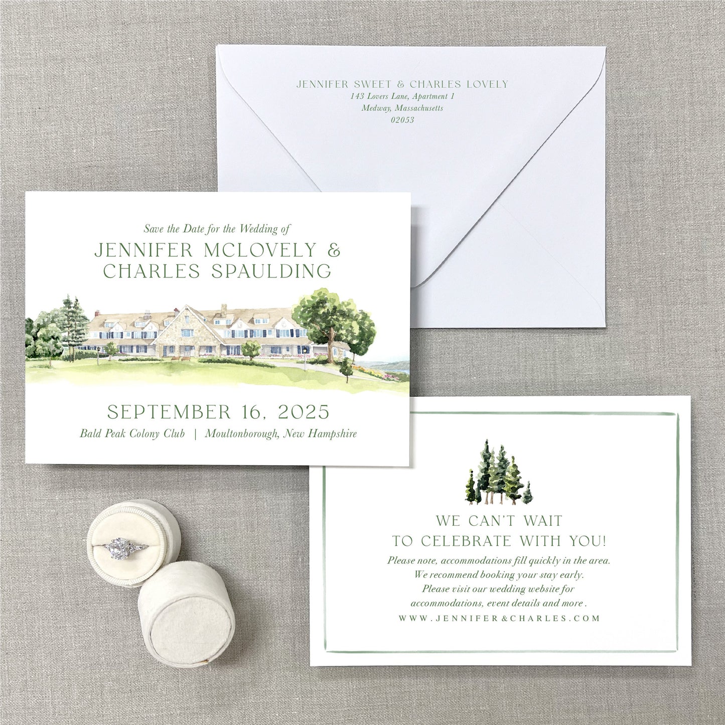 Bald Peak Colony Club, Moultonboro, New Hampshire, Watercolor Venue Save The Dates