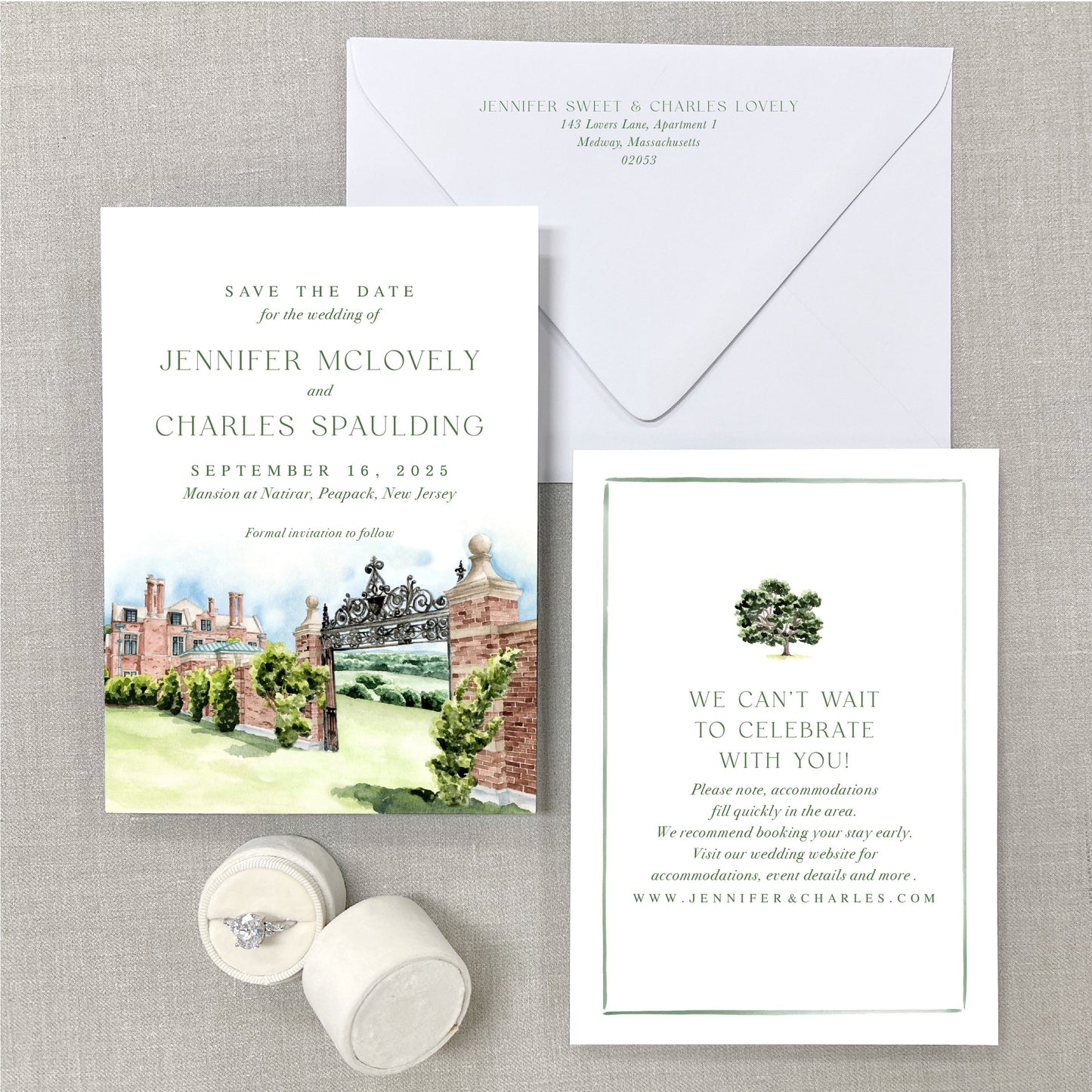 Mansion At Natirar, Peapack, New Jersey Watercolor Wedding Venue Save The Dates