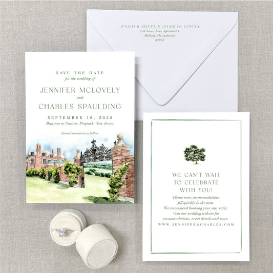 Mansion At Natirar, Peapack, New Jersey Watercolor Wedding Venue Save The Dates