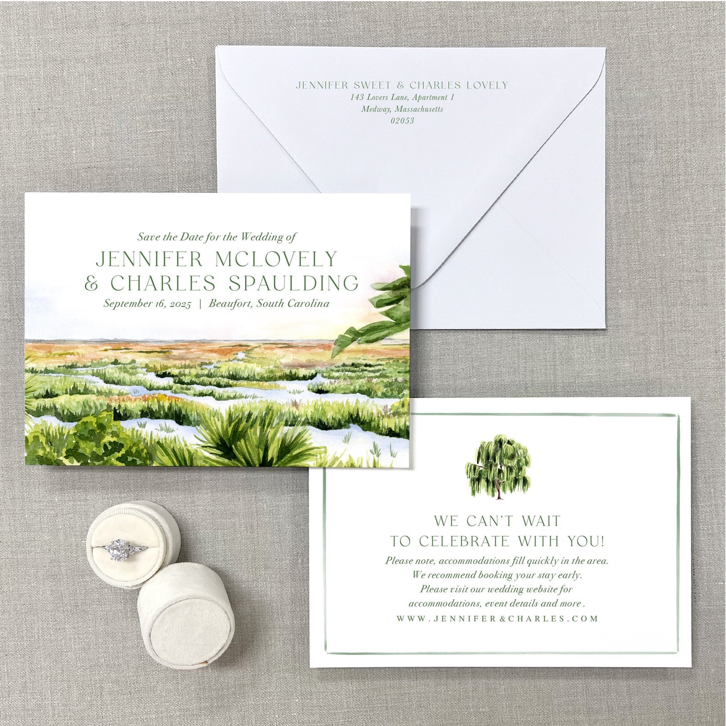 Beaufort Marsh, South Carolina, Watercolor Wedding Venue Save The Dates
