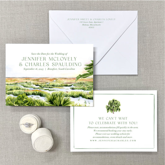 Beaufort Marsh, South Carolina, Watercolor Wedding Venue Save The Dates