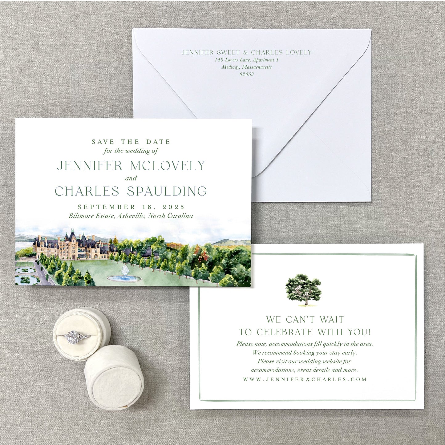 Biltmore Estate (Aerial View), Asheville, North Carolina, Watercolor Wedding Venue Save The Dates