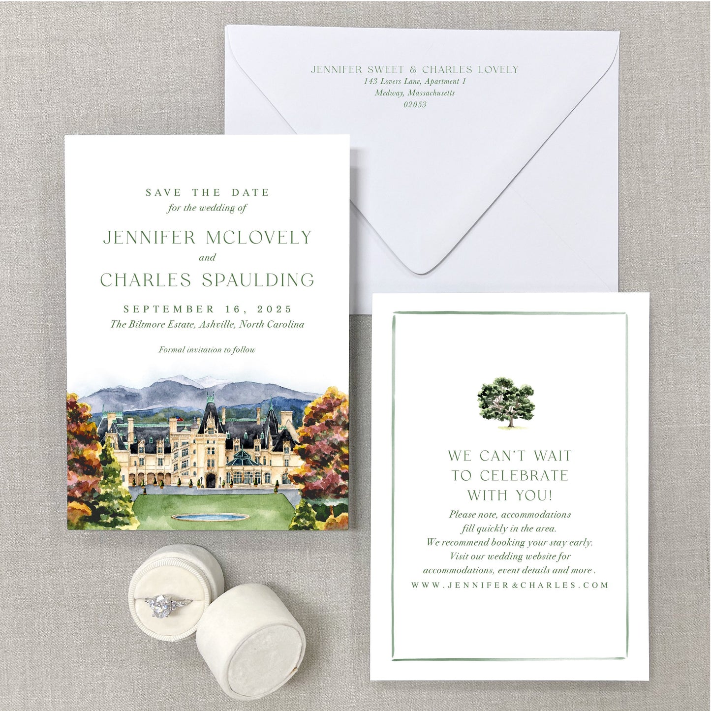 Biltmore Estate (Front View), Asheville, North Carolina, Watercolor Wedding Venue Save The Dates