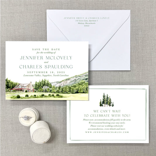 Lonesome Valley, Sapphire, North Carolina, Watercolor Wedding Venue Save The Dates
