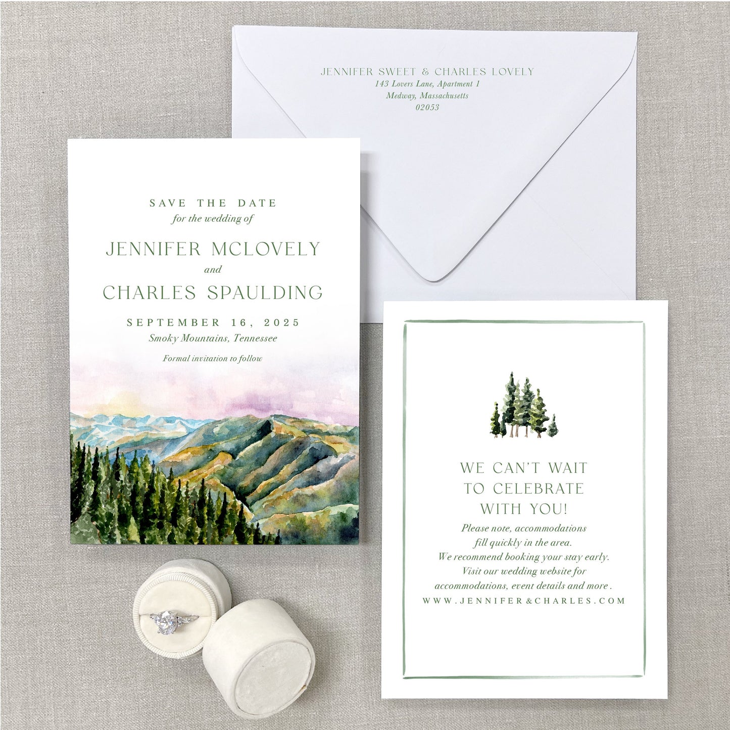 Smoky Mountains, Tennessee, Watercolor Wedding Venue Save The Dates