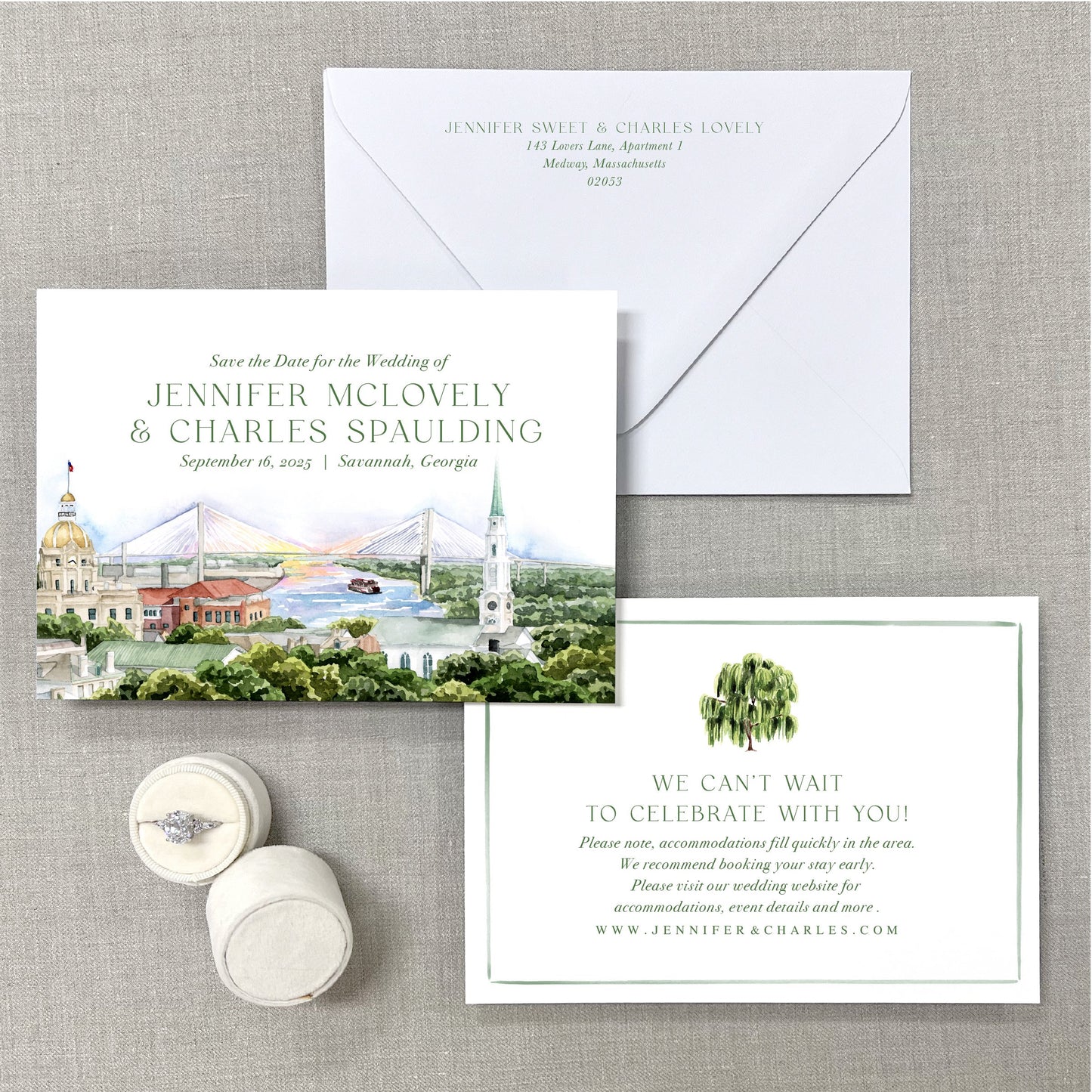 Savannah City Scene, Georgia, Watercolor Wedding Venue Save The Dates