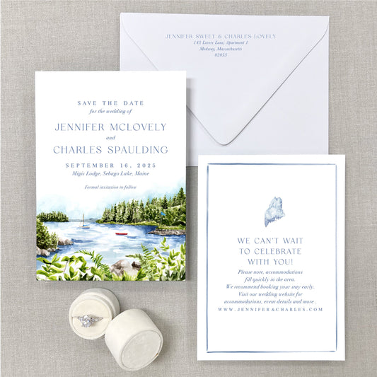 Migis Lodge (Lake View), Sebago Lake, Maine, Watercolor Wedding Venue Save The Dates