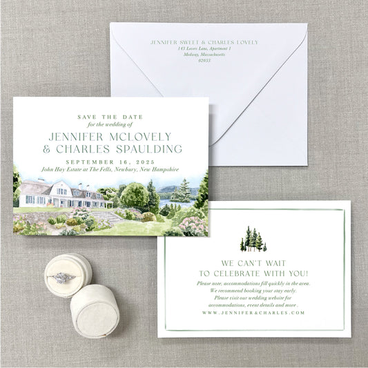 John Hay Estate At The Fells, Newbury, New Hampshire, Watercolor Wedding Venue Save The Dates