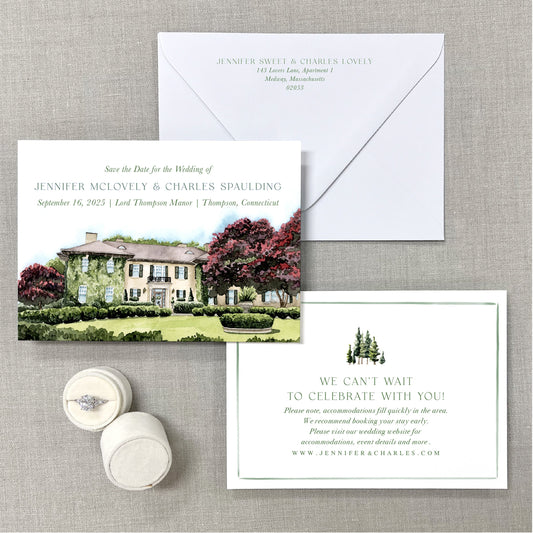Lord Thompson Manor, Thompson, Connecticut, Watercolor Wedding Venue Save The Dates