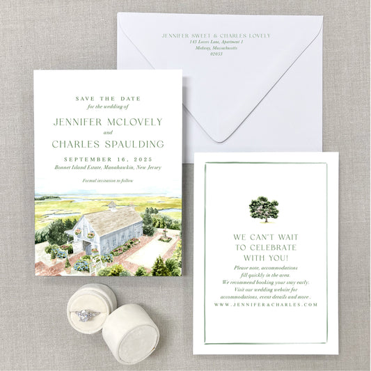 Bonnet Island Estate, Manahawkin, New Jersey, Watercolor Wedding Venue Save The Dates