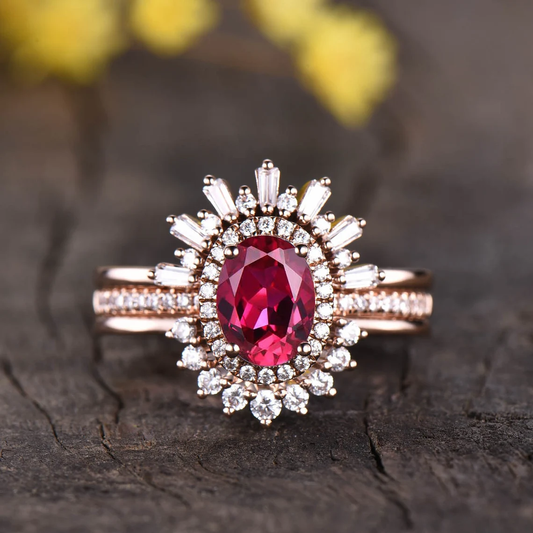 3 Pieces Red Ruby Ring Set for Women Vintage Oval Halo Ruby Cocktail Crown Ring 18k Rose Gold