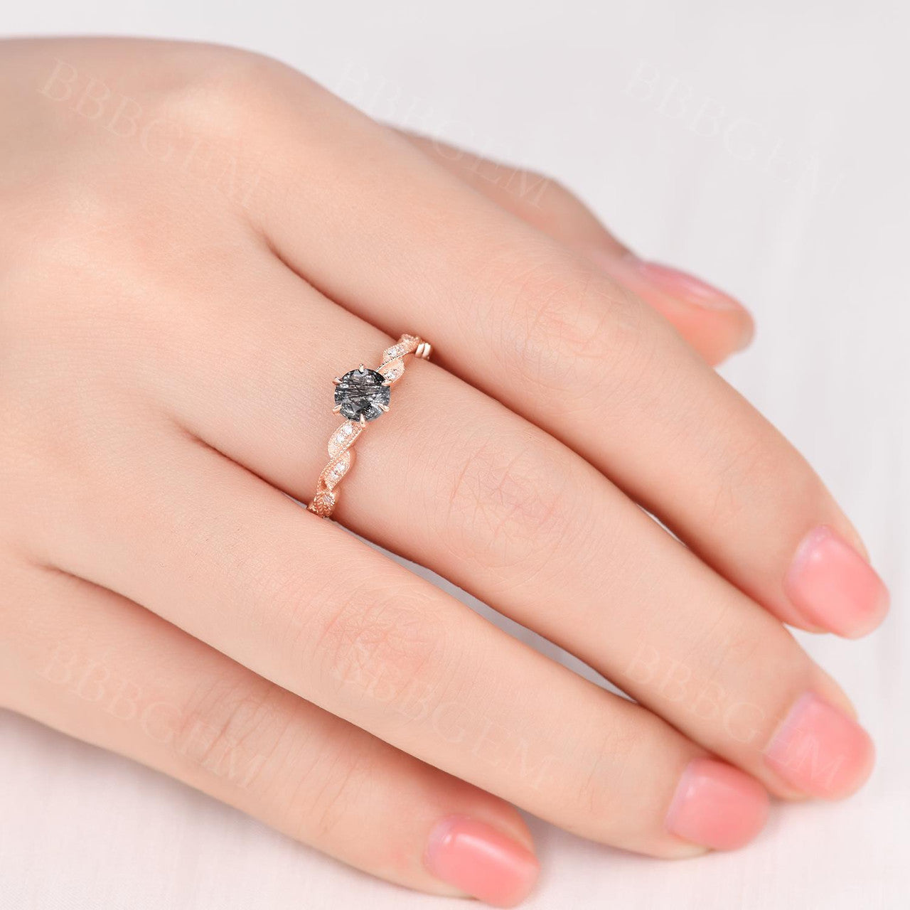 14K/18K Unique Milgrain Black Rutilated Quartz Engagement Rings Bezel Set