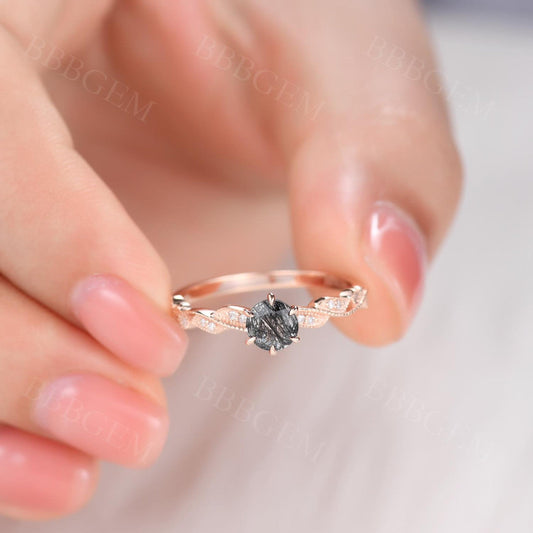 14K/18K Unique Milgrain Black Rutilated Quartz Engagement Rings Bezel Set