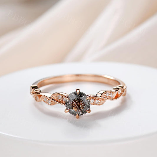 14K/18K Unique Milgrain Black Rutilated Quartz Engagement Rings Bezel Set