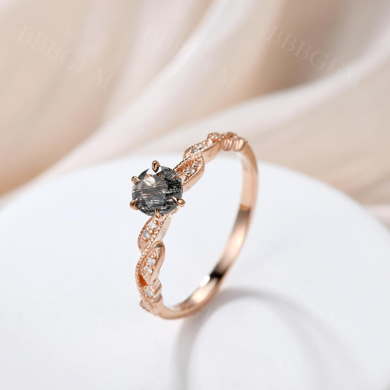 14K/18K Unique Milgrain Black Rutilated Quartz Engagement Rings Bezel Set