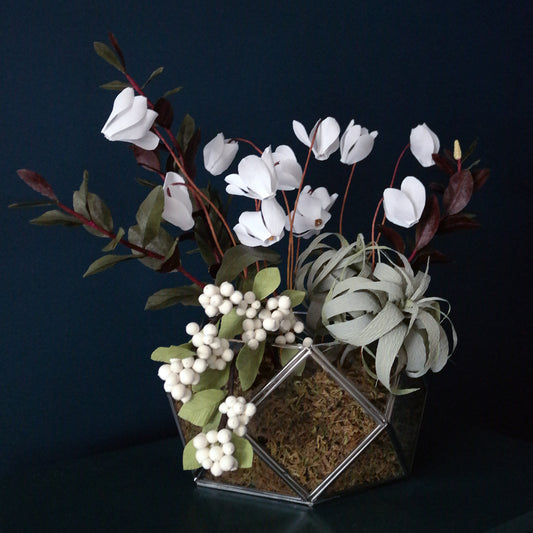 Winter Cyclamen Terrarium Arrangement from Crepe Paper Paper Flowers