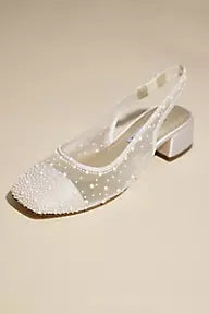 Pearl Mesh Round Toe Low Slingback Heels