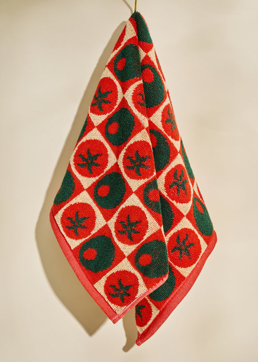 Heirloom Heat Checked Olive and Tomato Cotton Terry Cloth Towel