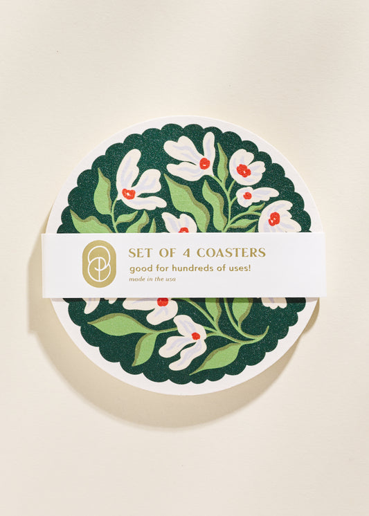 Green and Lavender Floral Scalloped Coasters - Set of Four