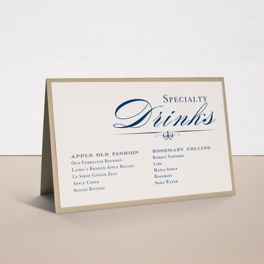 Elegant Navy Script Tented Menu Cards