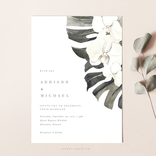 Modern White Orchid Wedding Invitation | Addison